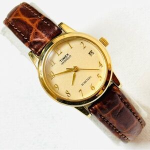 Vintage Timex Indiglo Women's Gold Dress Date Watch Brown Croco Leather 2001